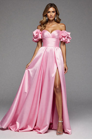 Pink A Line Ruffled Off The Shoulder Long Formal Dress with Slit